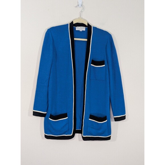 St. John Cardigan Sweater Sz M Open Front Blue Black Trim Santana Knit Pockets - Picture 1 of 8